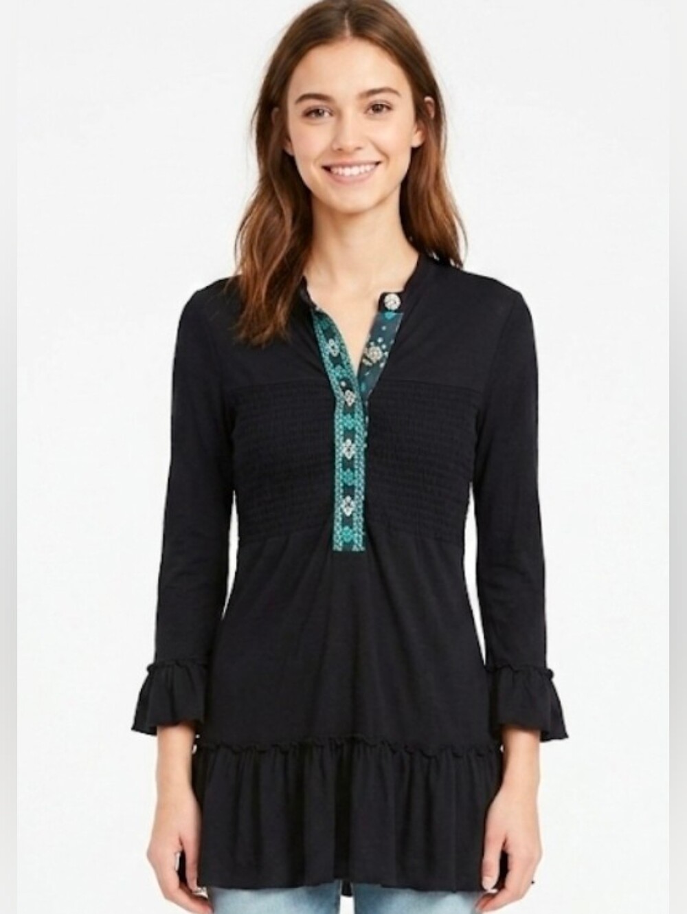 Free People Black Tunic with Teal Embroidered Placket Size M